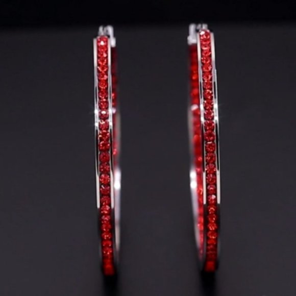 Bright Red Rhinestone Silver Hoop Earrings Big Sparkle Crystal Channel Hoops New - Picture 12 of 12